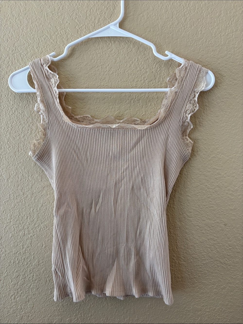 SHEIN Beige Ribbed Lace-Trim Tank Top